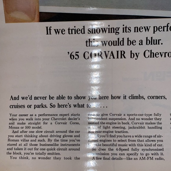 1965 Corsair Corsa Sport Coupe Chevrolet Magazine Advertisement Laminated - Picture 3 of 7